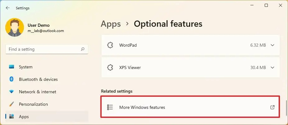 روی گزینه More Windows features کلیک نمایید.